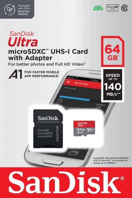 Carte SanDisk Ultra microSDXC 64GB A1 avec adaptateur