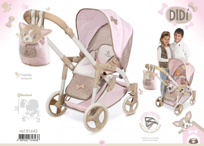 DeCuevas 81643 Poussette pliable pour poupées 3 en 1 avec sac de transport DIDI 2021 - 75 cm