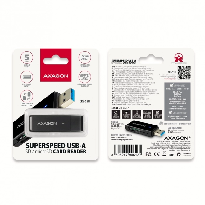 Lecteur de cartes externe USB-A 3.2 Gen 1 AXAGON avec prise en charge UHS-I
