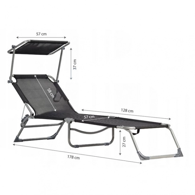 Chaise longue, chaise longue, fauteuil de jardin réglable avec auvent, noir