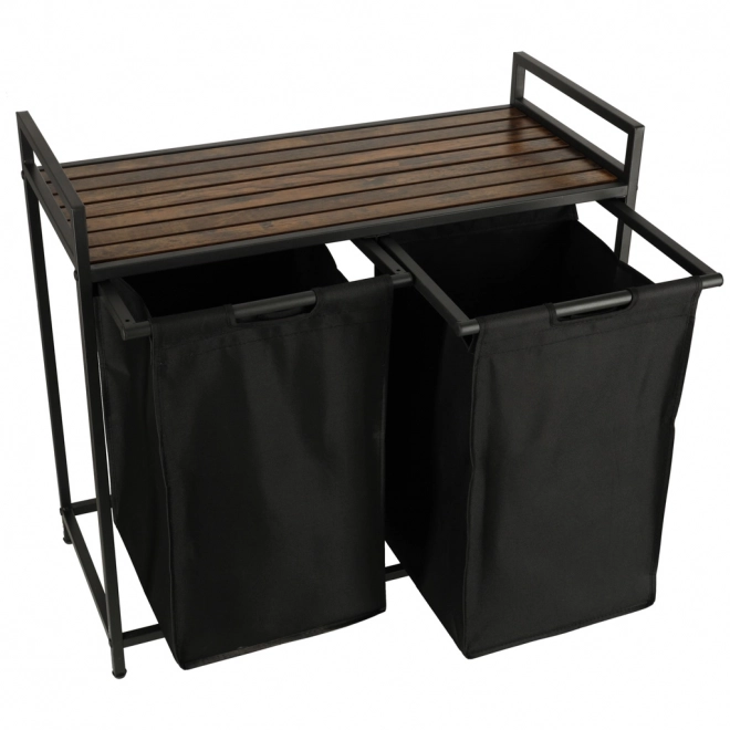 Panier à linge à deux compartiments avec étagère en bois noir Loft