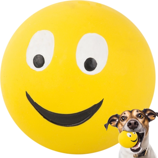 Balle en caoutchouc couinante pour chiens avec émoticône 6,5 cm