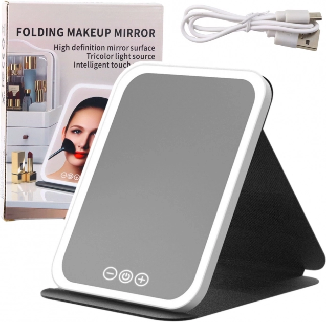 Miroir LED pliable avec étui et support, 3 modes d’éclairage, réglage continu de la luminosité, 23 cm