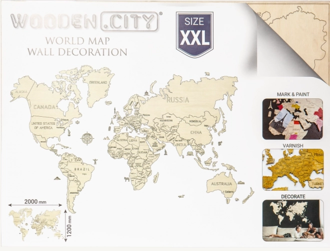 Carte du monde 3D murale en bois XXL couleur naturelle
