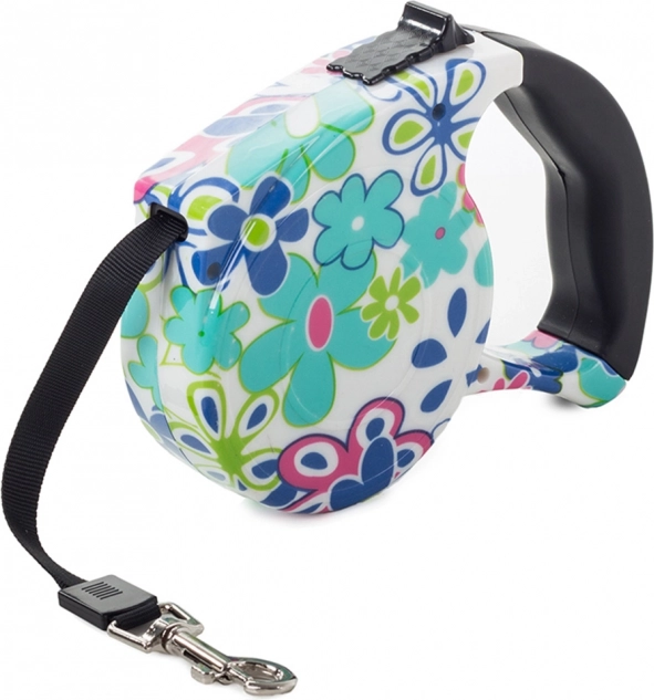 Laisse automatique pour chiens et chats avec fonction de blocage 5 m - Blanche à fleurs
