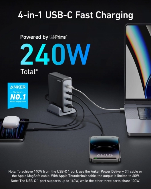 Chargeur mural Anker GaNPrime 240W USB-C x3 USB-A x1