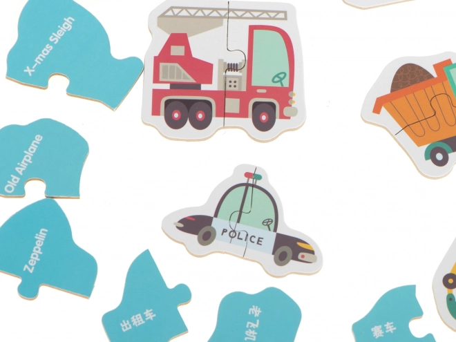 Puzzle avec motifs de moyens de transport dans une boîte en métal