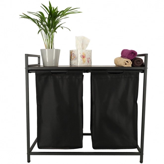 Panier à linge à deux compartiments avec étagère en bois noir Loft