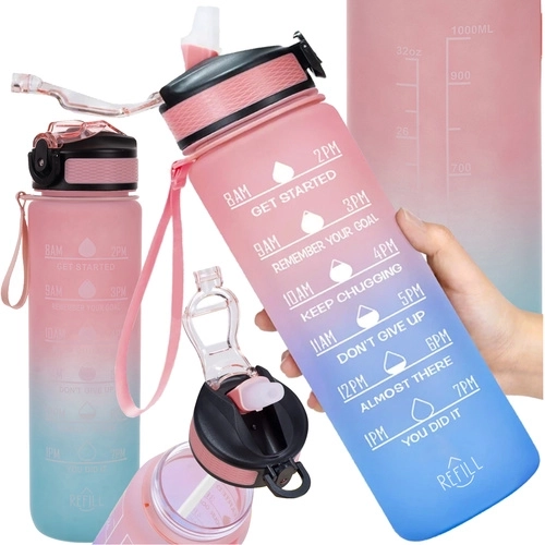 Bouteille d’eau motivante 1 L TRIZAND avec paille et échelle temporelle