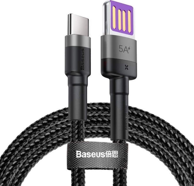 Baseus Cafule câble USB-C 1 m, 5 A, Huawei SuperCharge et QC 3.0 (noir-gris)