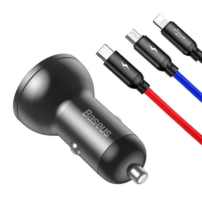 Chargeur de Voiture Baseus avec Écran et Câble USB 3en1 24W
