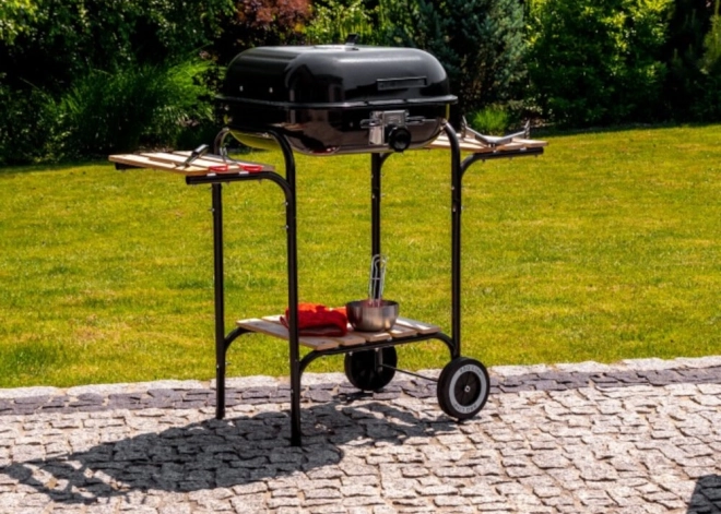 Grand barbecue de jardin avec grille réglable, étagères en bois