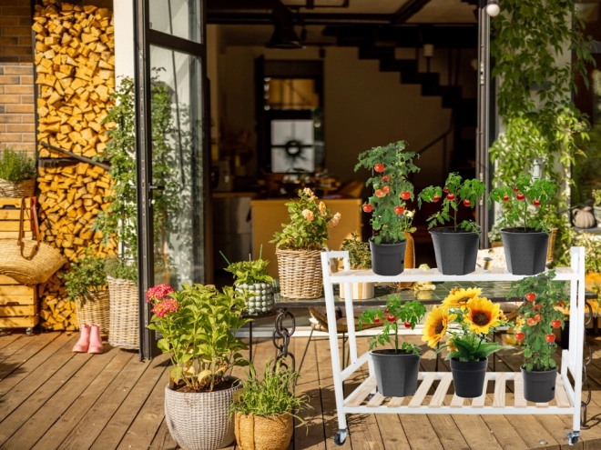 Étagère à fleurs à deux niveaux en bois sur roulettes