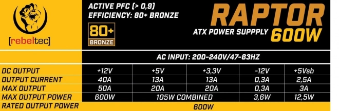 Alimentation Rebeltec Raptor 600W Bronze 80+