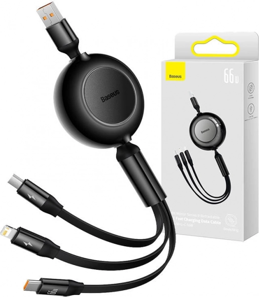 Baseus Bright Mirror 3 câble USB 3‑en‑1 pour micro USB, USB‑C et Lightning 66 W 1,1 m – noir