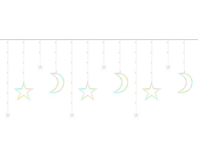 Rideau lumineux LED coloré avec étoiles et croissants de lune - 5 m, 138 LED
