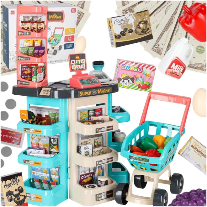 Supermarché pour enfants avec accessoires et chariot, 47 pièces, couleur menthe