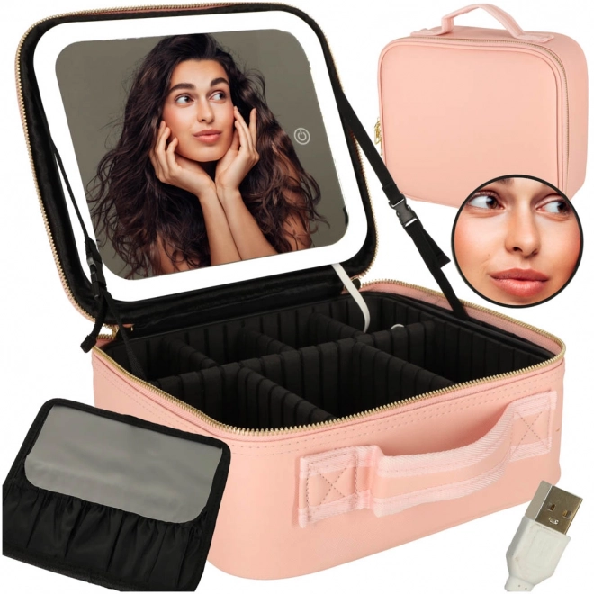 Trousse cosmétique avec miroir LED rose