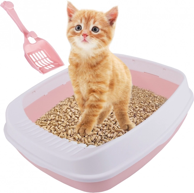 Litière pour chat ouverte avec cadre et pelle, rose