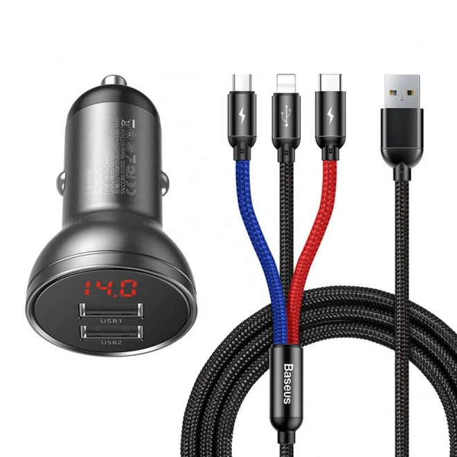 Chargeur de Voiture Baseus avec Écran et Câble USB 3en1 24W