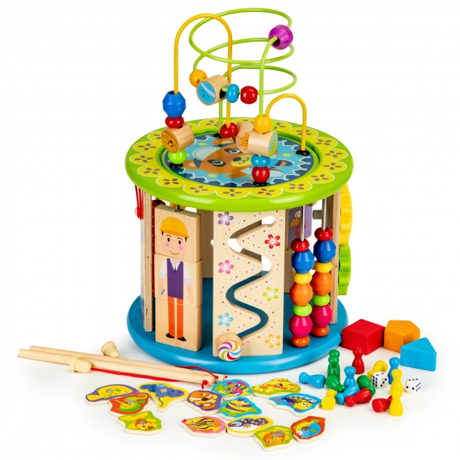 Cube en bois éducatif avec jeux, blocs, pêche