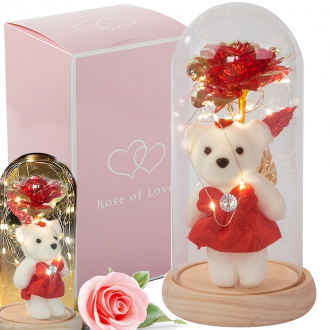 Rose éternelle avec ourson dans une boîte en verre
