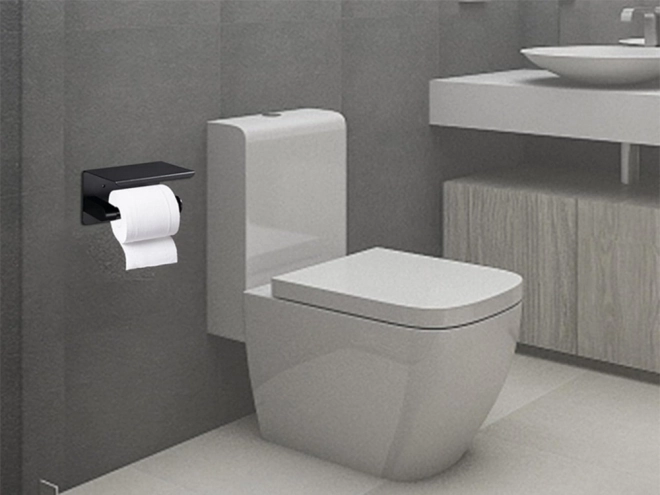 Support papier toilette en acier avec étagère pour téléphone noir