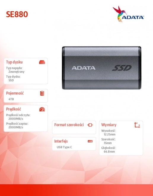 Disque SSD externe ADATA SE880 4TB USB 3.2 Gen2x2