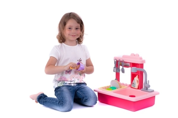 Évier rose pour laver la vaisselle + robinet d'eau à piles en plastique avec accessoires dans une boîte 46x28x12cm