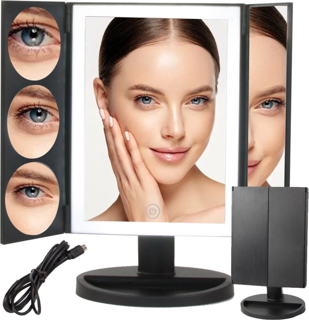 Miroir cosmétique LED avec éclairage et grossissement 3×, 5× et 10×