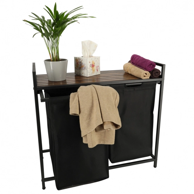 Panier à linge à deux compartiments avec étagère en bois noir Loft