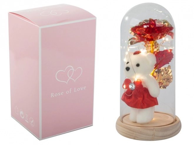 Rose éternelle avec ourson dans une boîte en verre