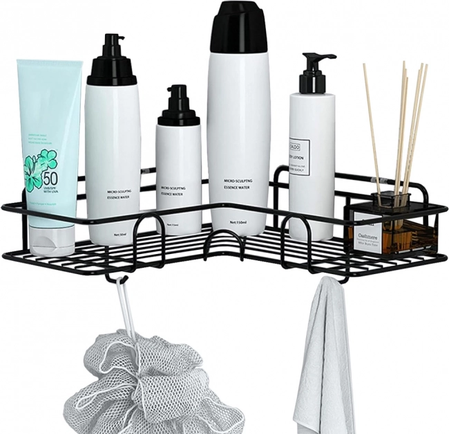 Étagère de douche d’angle en métal avec crochets, autocollante, noire