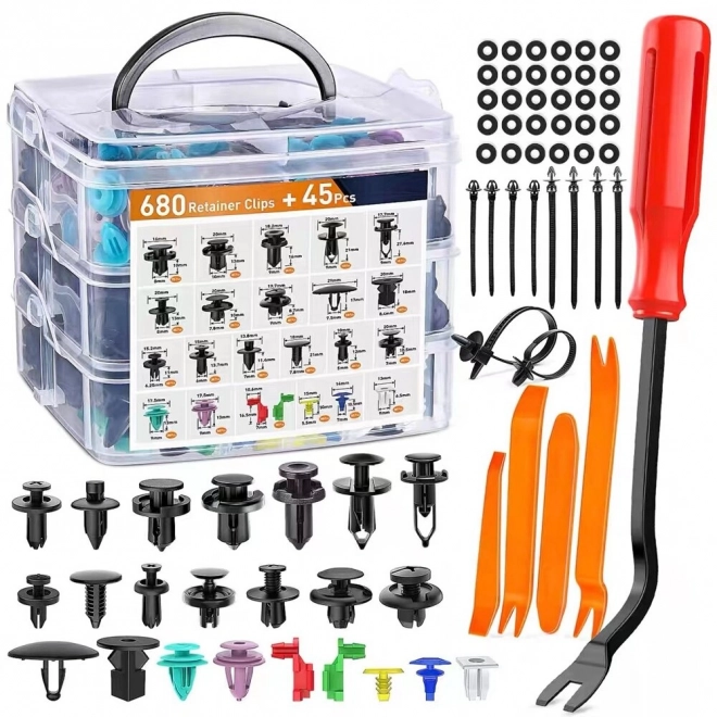 Ensemble d'attaches automobiles dans un organiseur 23 tailles 680 pcs