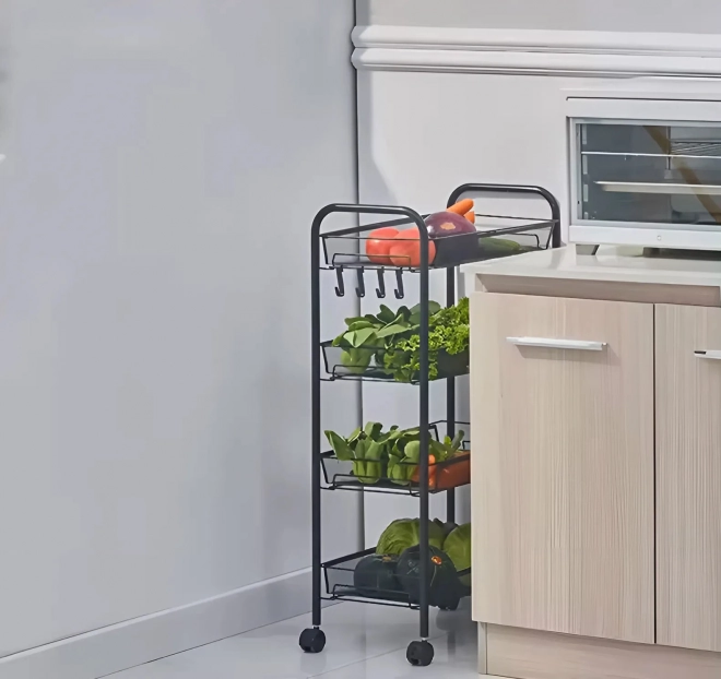 étagère de salle de bain mobile en métal noir avec 4 étagères et roulettes