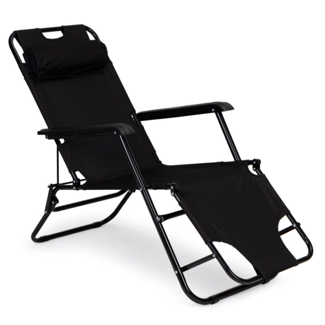 Chaise longue de jardin avec appui-tête, structure pliante, noire, MultiGarden