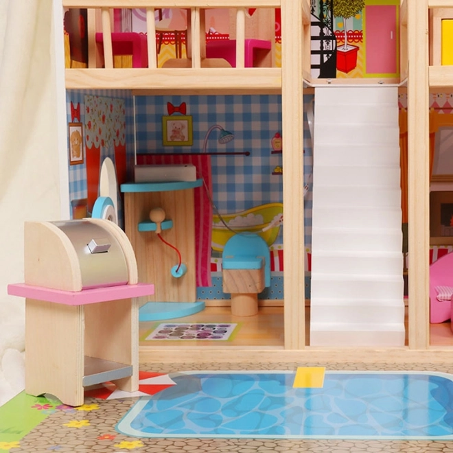 Maison de poupée en bois, meubles, piscine + éclairage ECOTOYS