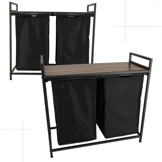 Panier à linge à deux compartiments avec étagère en bois noir Loft