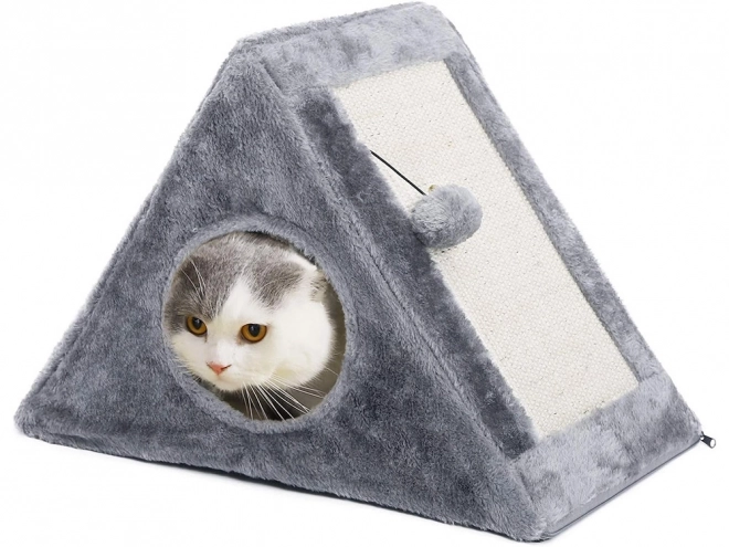 Griffoir triangulaire et maison pour chats avec balle