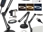 Lampe LED de bureau avec loupe et bras réglable, 2 options de fixation