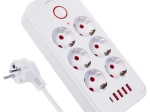 Multiprise parafoudre avec 6 prises et 5× USB (4× USB‑A, 1× USB‑C), 2500 W, blanc