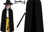 Costume de sorcier pour enfants set 4 pièces avec cape, chapeau, lunettes et baguette