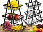 Panier à fruits métallique à trois niveaux avec poignée en bois, noir