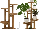 Support à plantes en bois sur pied 86 cm RUHHY, 6 niveaux pour 7 pots