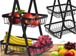 Panier à fruits métallique à deux niveaux avec poignée en bois
