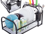 Égouttoir à vaisselle style loft avec bac, porte-couteaux et range-couverts, noir