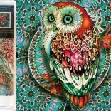 Peinture diamant 7D – chouette sur mandala bleu 30 × 30 cm