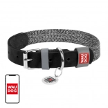 Collier en cuir naturel et coton recyclé avec code QR Waudog pour chiens de taille moyenne – Noir