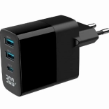 Chargeur secteur GaN 30 W avec LCD, 2× USB‑A et 1× USB‑C, charge rapide PD/QC 3.0, noir