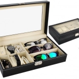 Organiseur noir pour montres et lunettes avec couvercle en verre et serrure